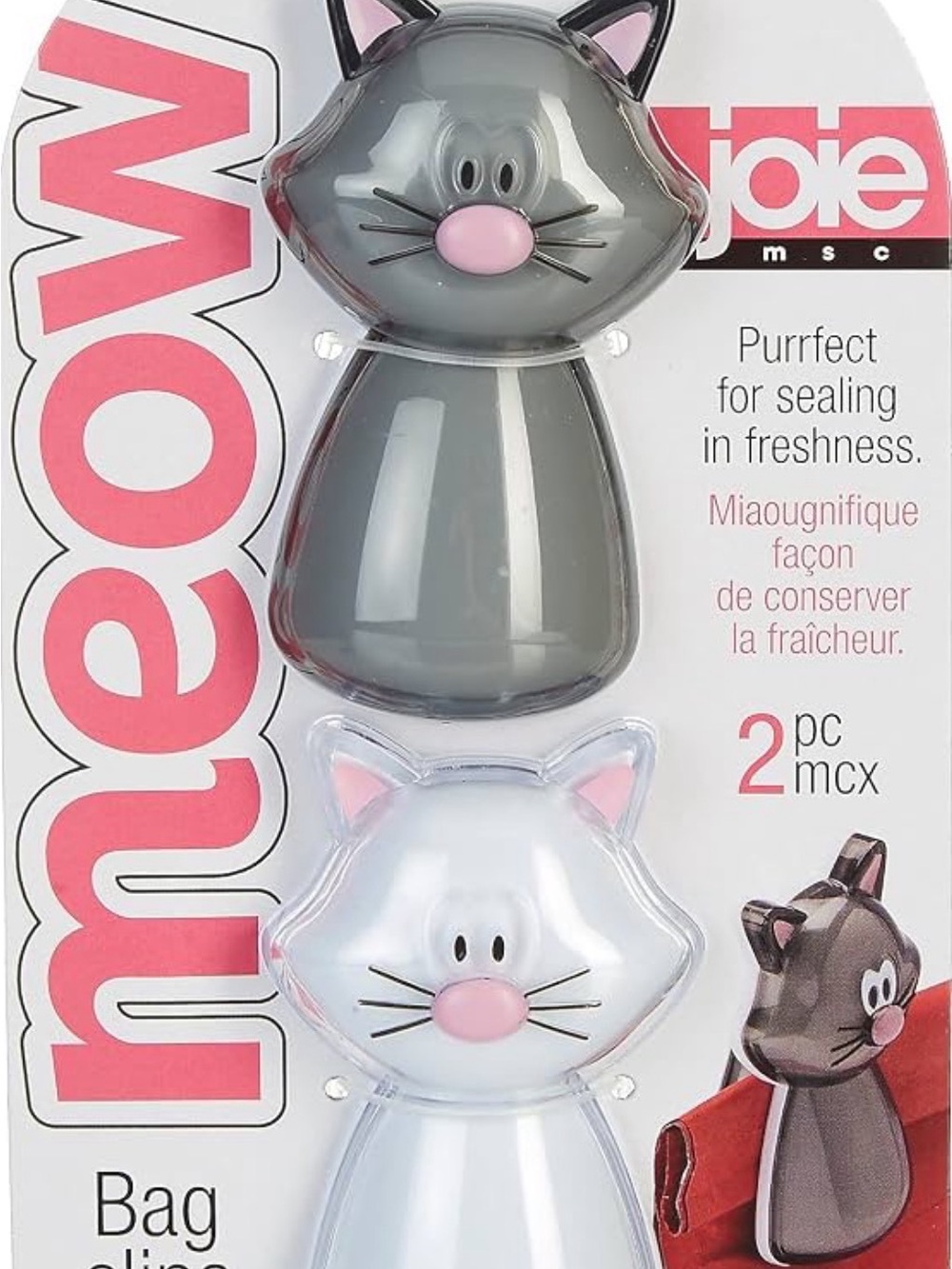 Joie Cat Bag Clips — Gray and White Kitty Set with Pink Noses